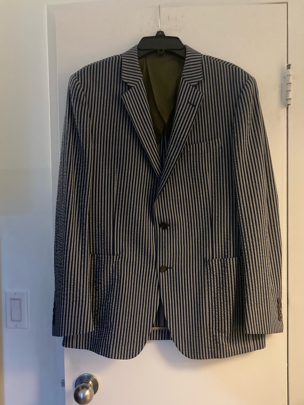 Men’s Todd Snyder Navy & Grey Striped Italian Seersucker Summer Jacket 40R